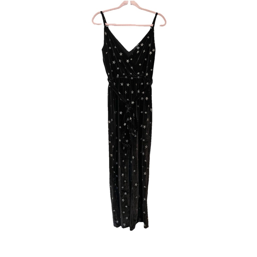 AQUA Black Stretch Velvet Metallic Embroidered Star Jumpsuit Celestial Witchy XS